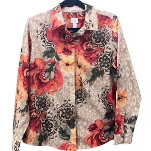 Chicos Floral Button Up Blouse‎ Beige Medium Or 1